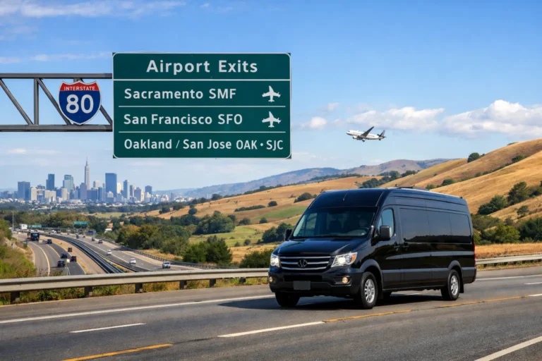 Vacaville Airport Shuttle van traveling on Interstate 80 with Northern California hills in the background