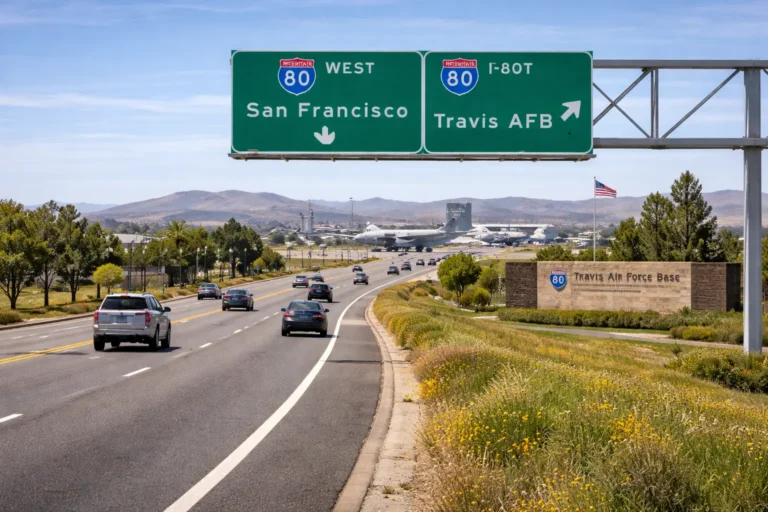 Roadway near Travis Air Force Base with access to Interstate 80 for airport shuttle