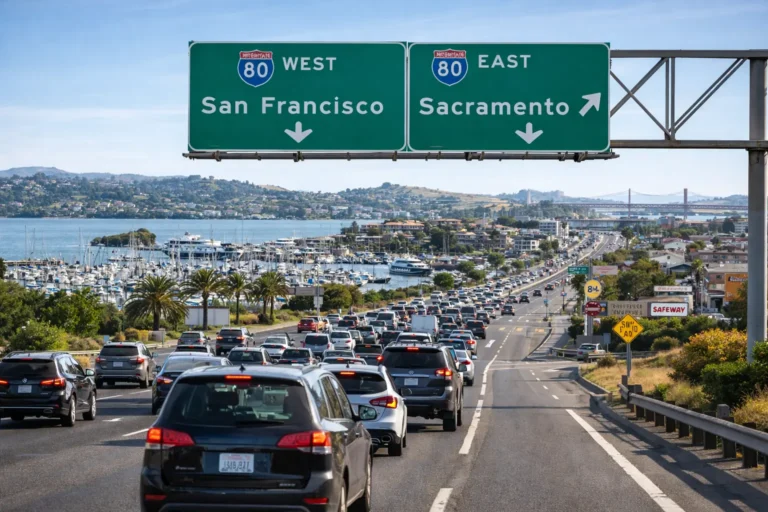 Vallejo California roadway with Interstate 80 access showing airport-bound traffic