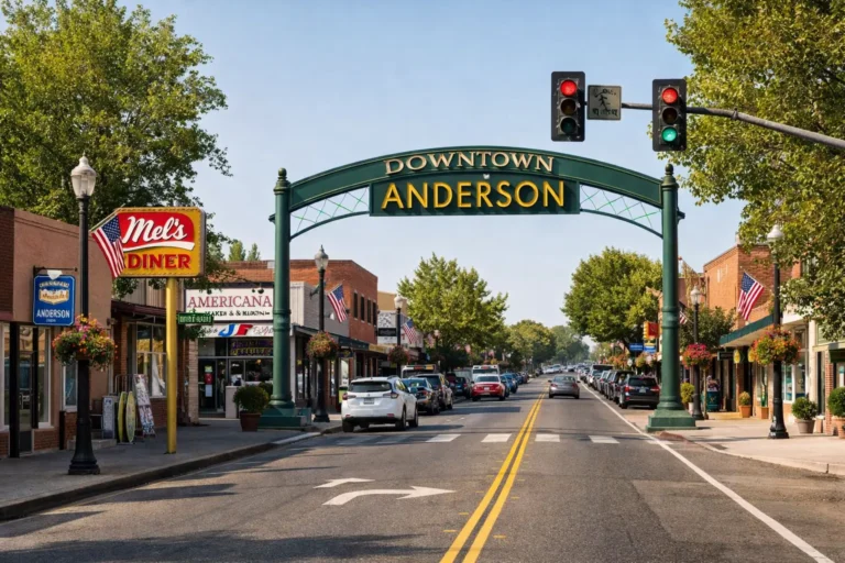 Downtown Anderson California city view with local streets and businesses