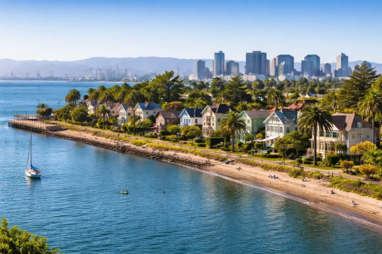 Waterfront view of Alameda California showing a calm coastal city with easy access to major Bay Area airports