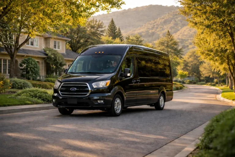 Professional Alamo Airport Shuttle van driving through a quiet residential neighborhood in Alamo, California, offering reliable airport transportation