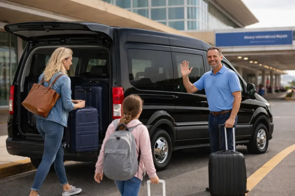 Albany airport shuttle picking up passengers with friendly driver and luggage at Albany Airport