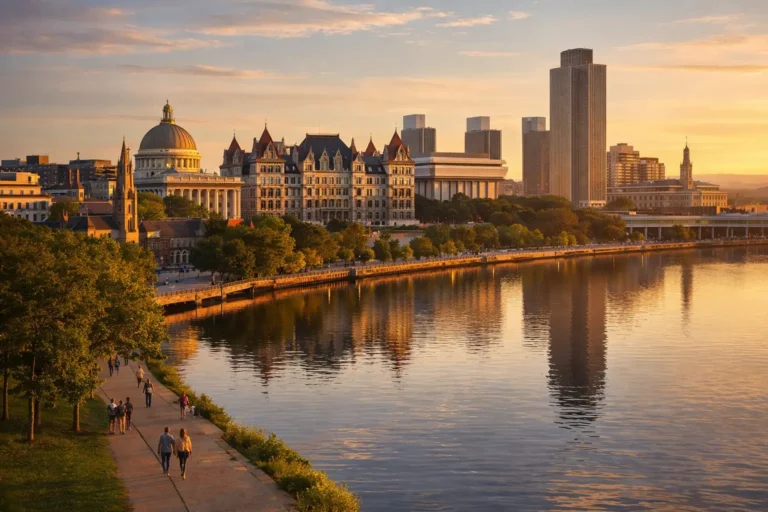 Explore Albany, NY — a blend of history, culture, and easy airport transportation Albany NY skyline with New York State Capitol and Hudson River, showcasing city attractions and travel convenience