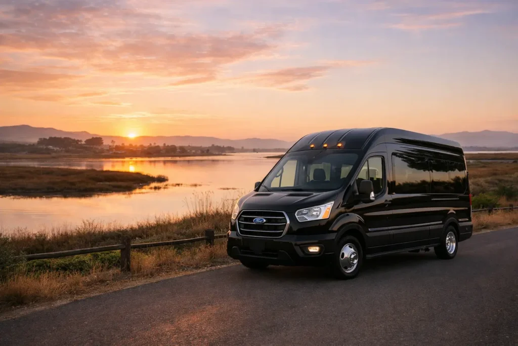 American Canyon airport shuttle van near Napa River waterfront ready for airport transfer