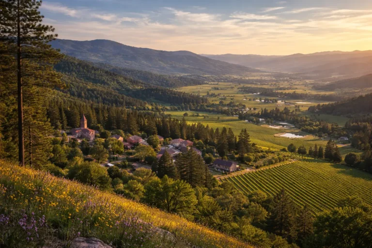 Angwin California Mountain Community in Napa County Scenic hillside view of Angwin California overlooking Napa Valley vineyards