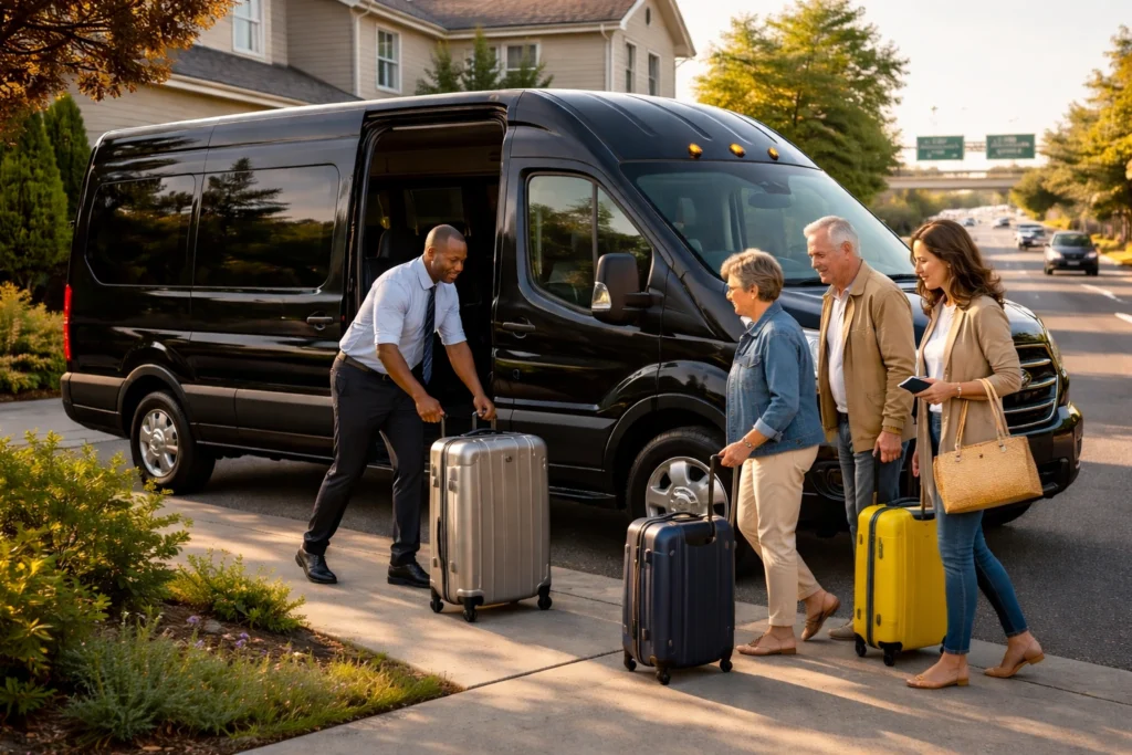 Professional Antelope airport shuttle van providing door-to-door transportation to SMF, SFO, and OAK with luggage assistance