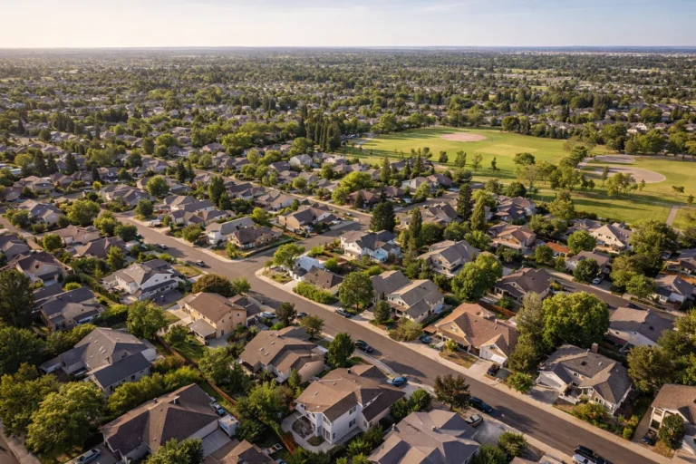 Aerial view of Antelope California suburban neighborhood in Sacramento County near major highways