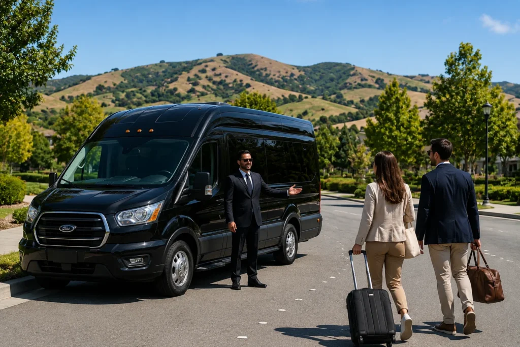 Professional airport shuttle service in Solano County with a black shuttle van and experienced driver in Vacaville