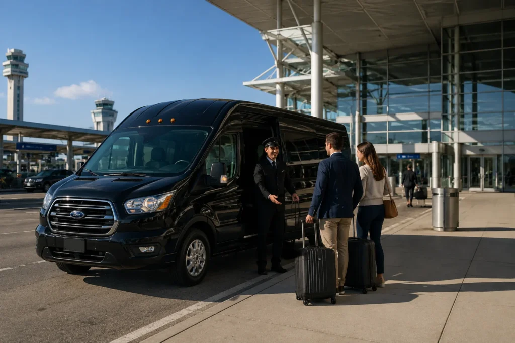 Professional airport transfer service from Vacaville with a shuttle van and driver assisting passengers at an airport terminal