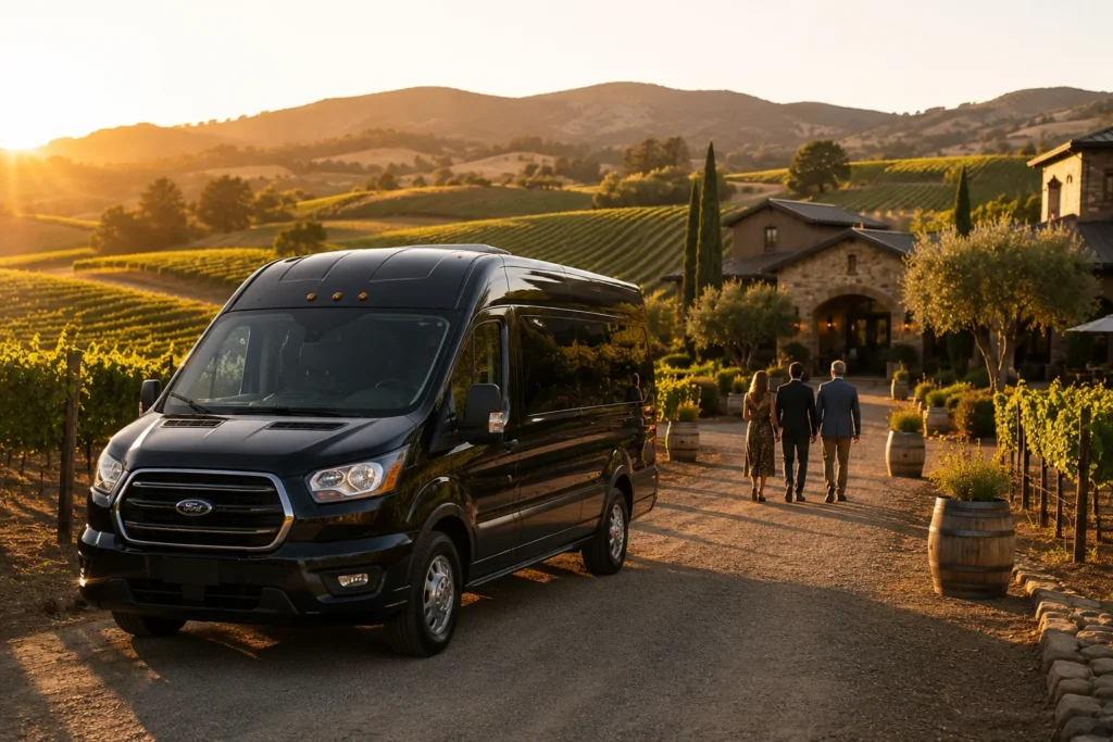 Professional wine tour transportation with a shuttle van at a Northern California vineyard
