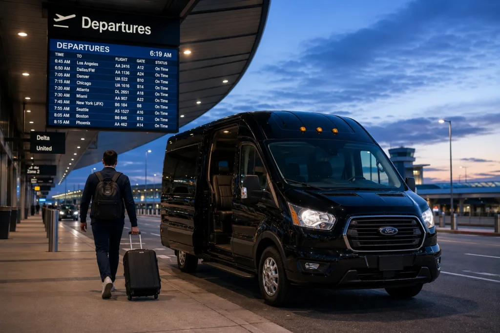 Black shuttle van at airport departures curb with flight information display for early morning airport transfer service