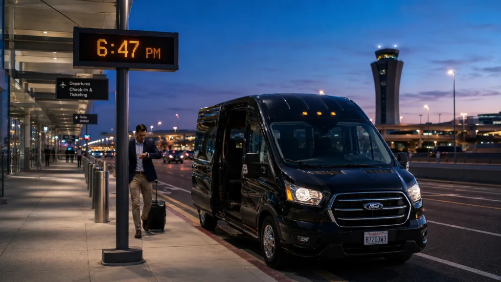 Black shuttle van at airport curb with visible time display showing punctual on-time pickup service