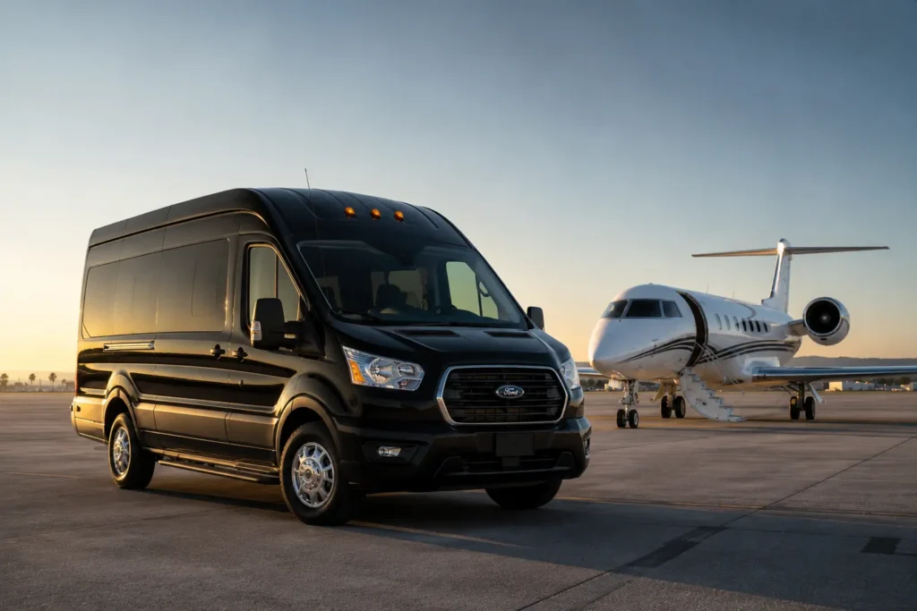 Black shuttle van on airport tarmac providing reliable airport transfer service to SMF SFO OAK SJC