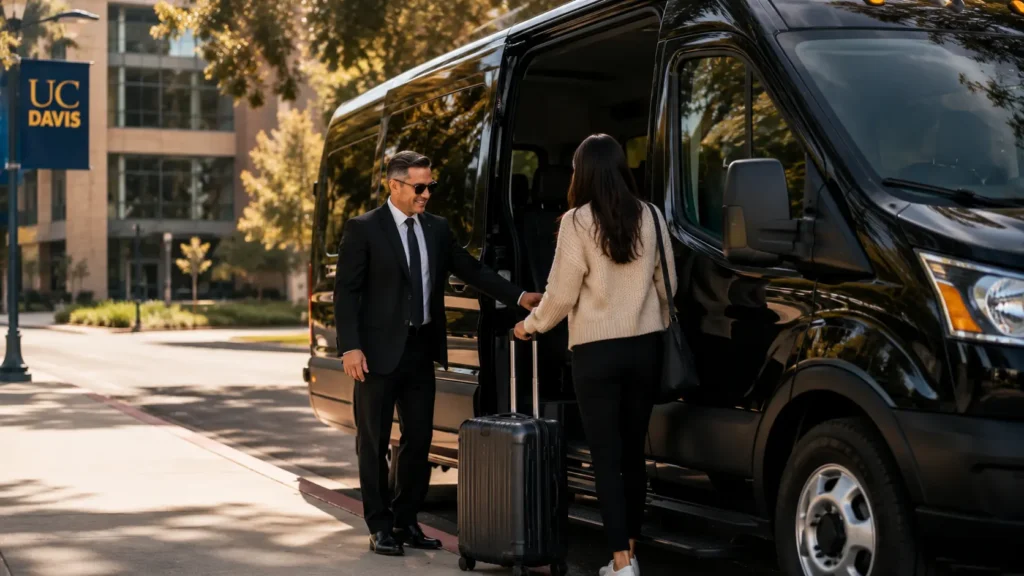 Professional chauffeur assisting traveler with luggage into black shuttle van near UC Davis for trusted airport transportation