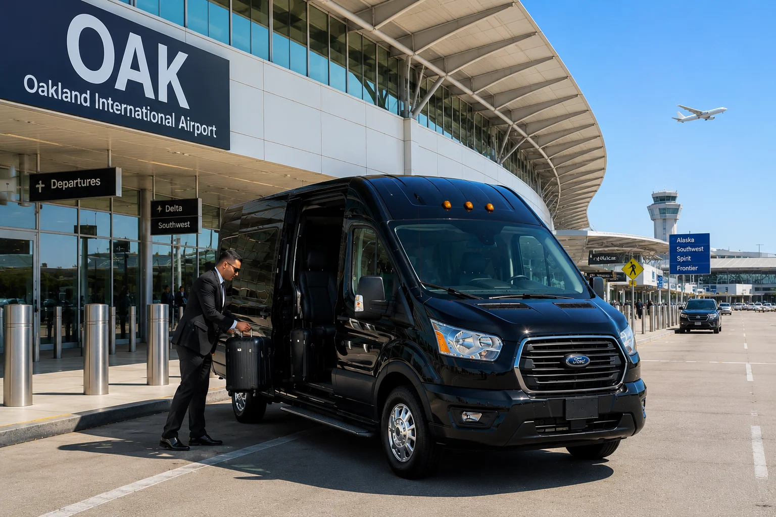 Black shuttle van parked at Oakland International Airport OAK terminal with Port of Oakland cranes in background for Davis transfer service