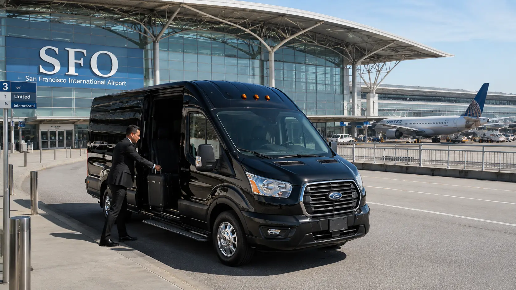 Black shuttle van parked at San Francisco International Airport SFO terminal with luggage loading for Davis transfer service