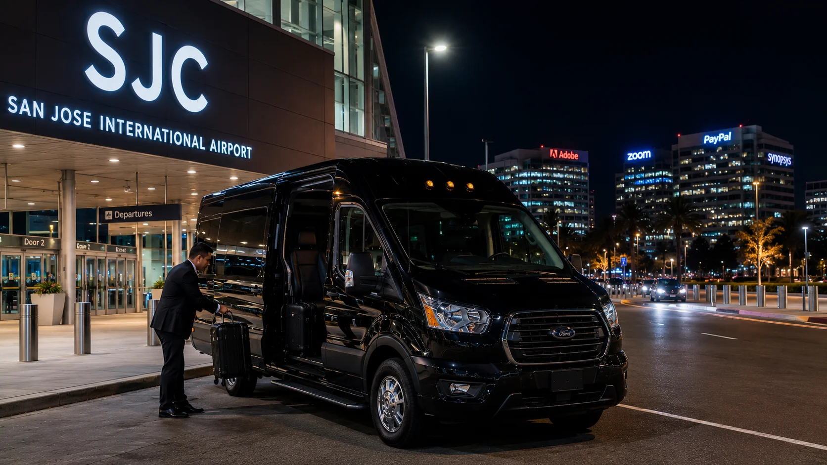 Black shuttle van parked at San Jose International Airport SJC terminal at night with Silicon Valley skyline in background