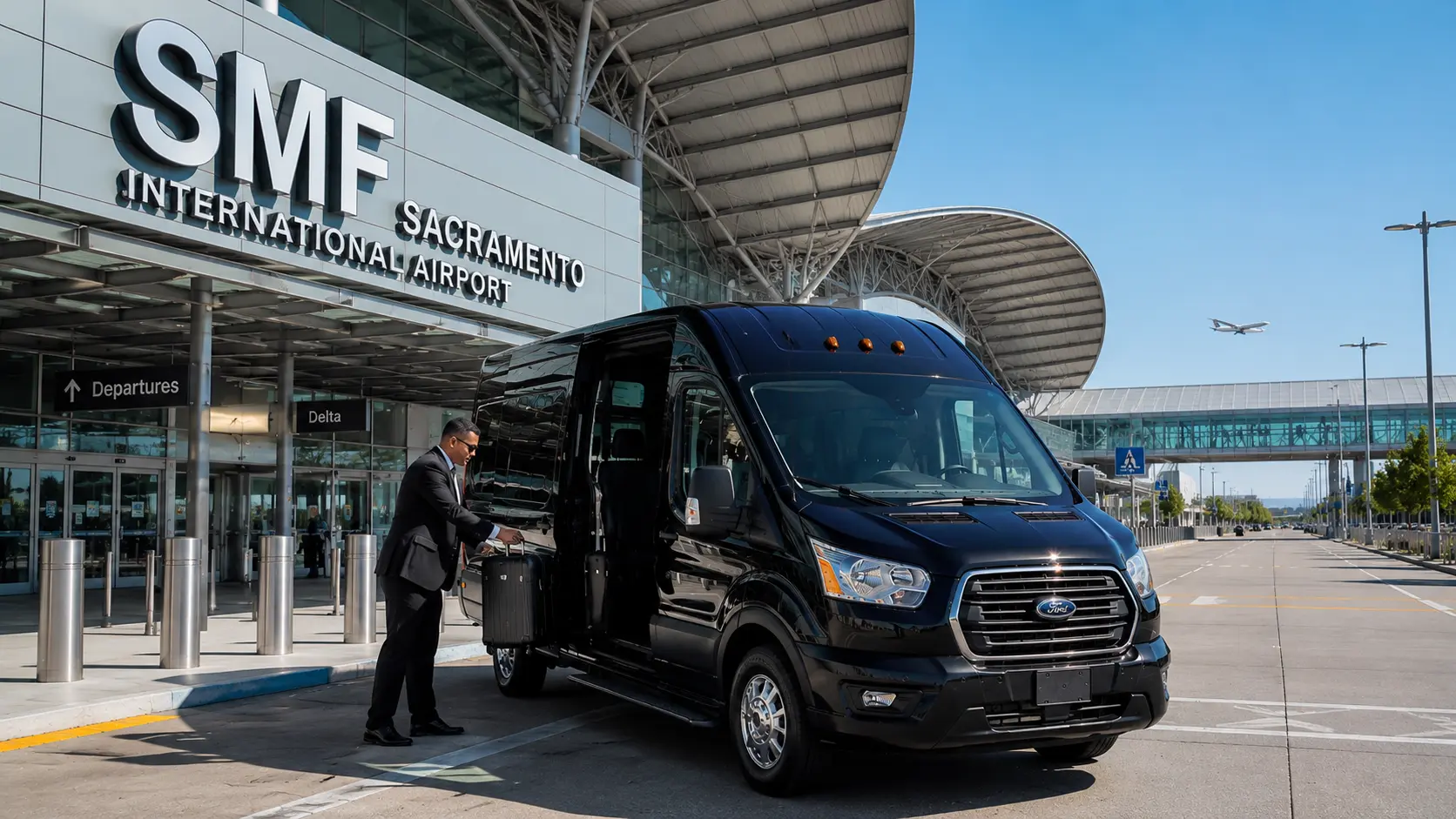 Black shuttle van parked at Sacramento International Airport SMF terminal with luggage assistance for Davis transfer service