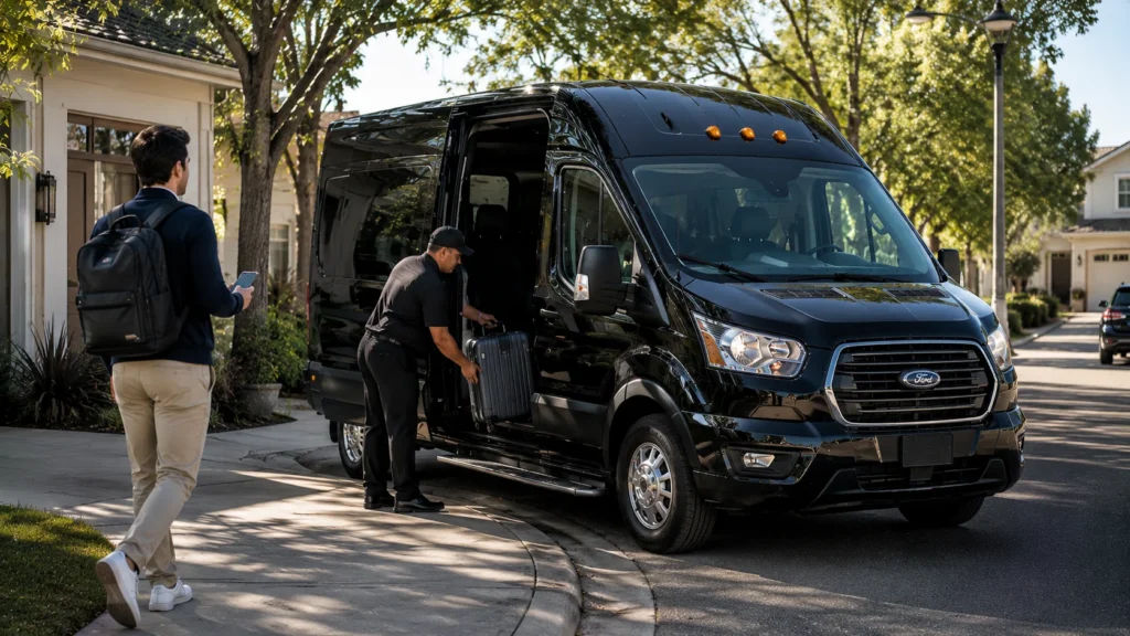 Professional driver loading luggage into black shuttle van at Fairfield home for reliable airport pickup service