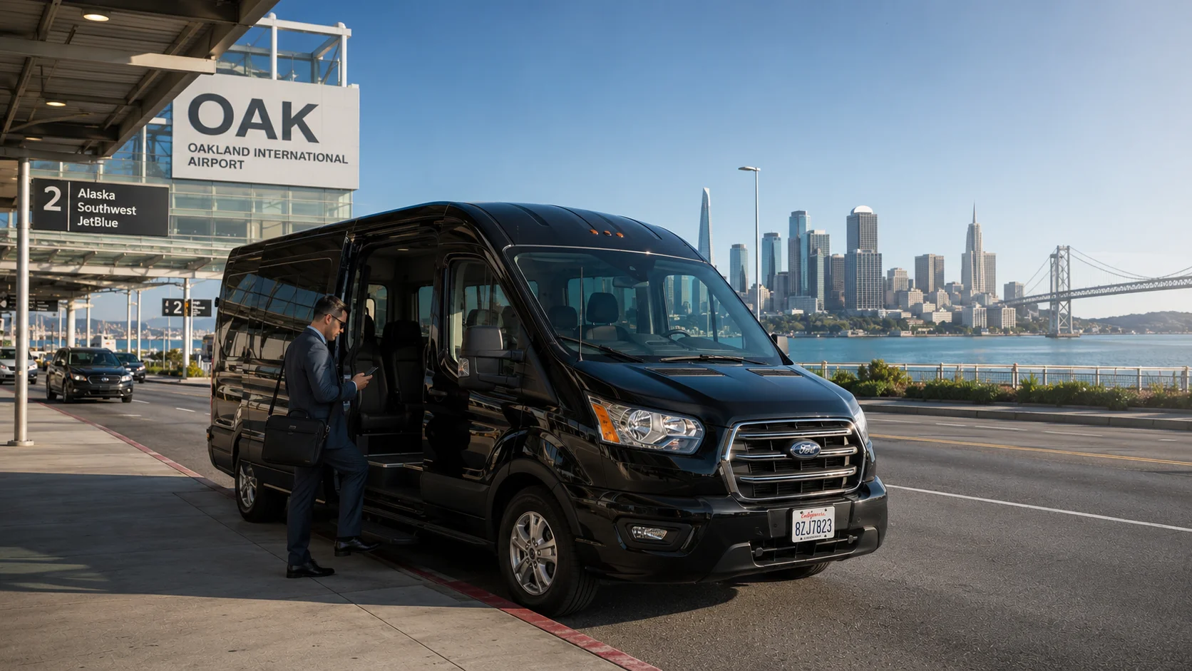 Business traveler boarding black shuttle van at Oakland International Airport OAK terminal with Oakland skyline in background