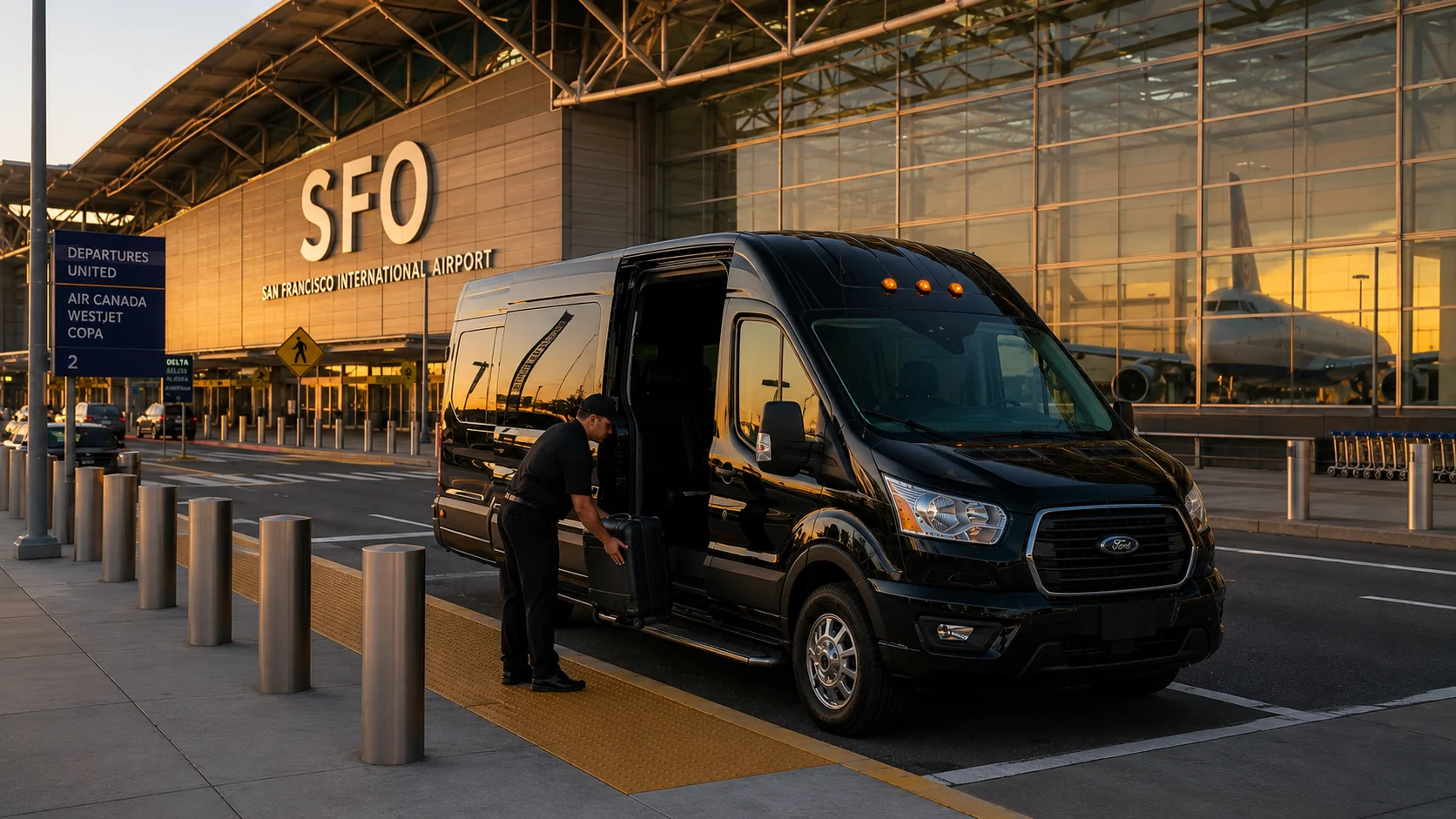 Black shuttle van parked at San Francisco International Airport SFO terminal with luggage unloading for Fairfield transfer service