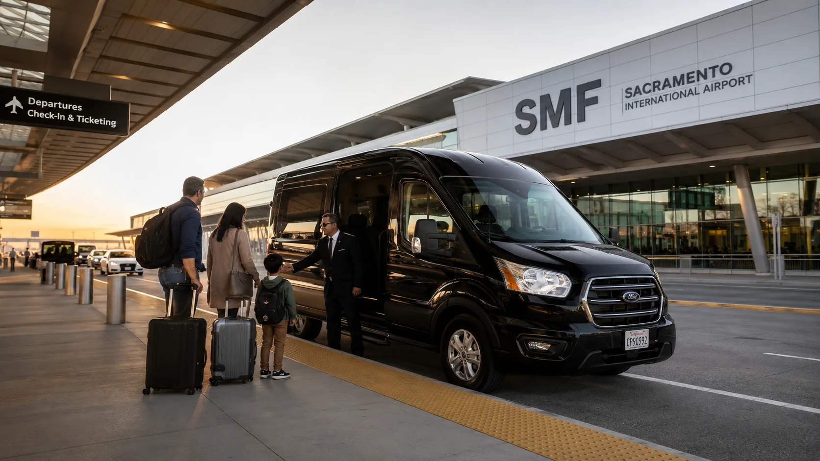 Family with luggage greeted by driver at Sacramento International Airport SMF terminal for Fairfield shuttle transfer service
