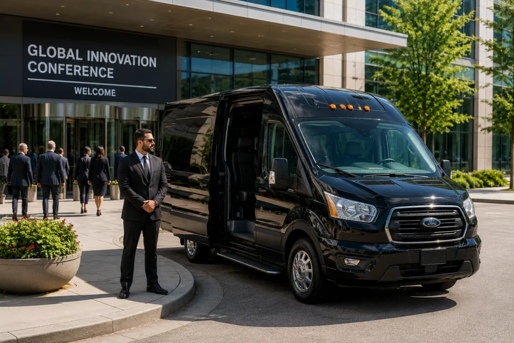 Black shuttle van with waiting chauffeur outside corporate conference center for hourly as directed executive travel service