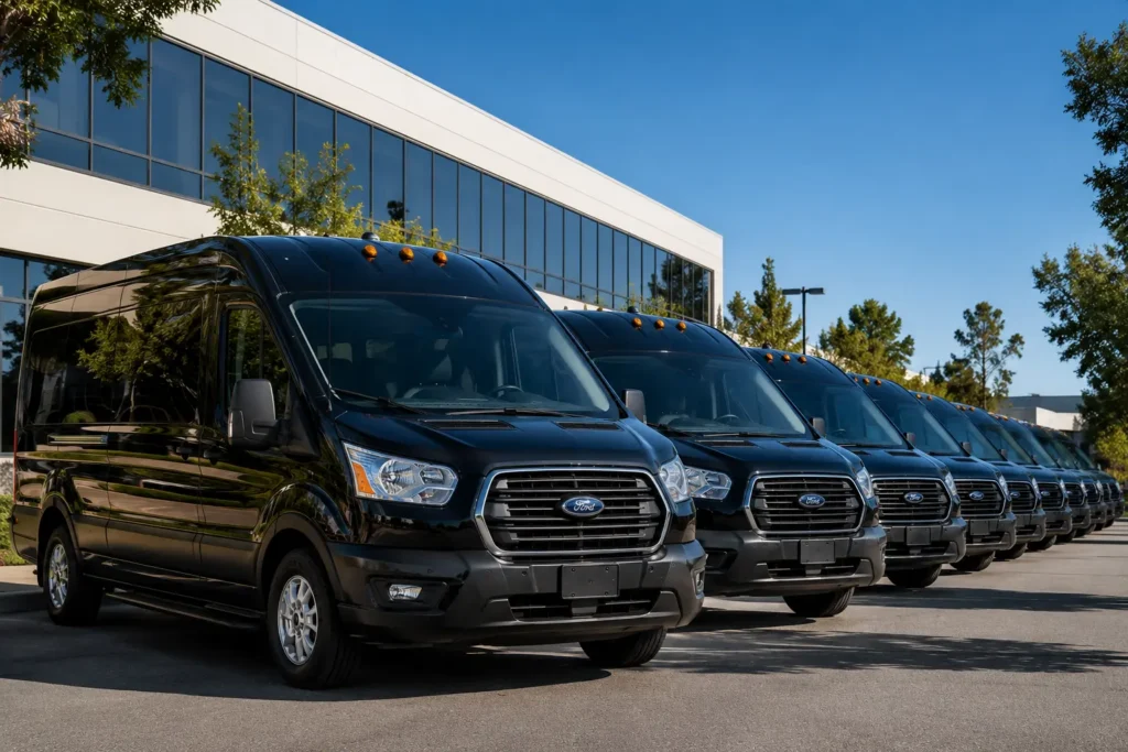Fleet of black shuttle vans available for hourly as directed corporate travel service