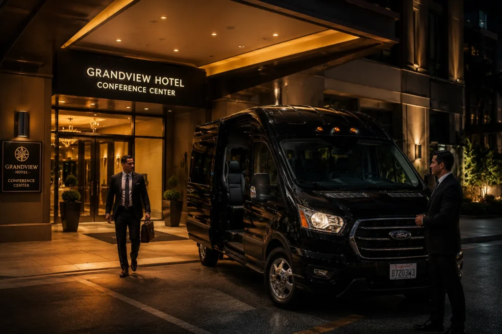 Black shuttle van waiting outside illuminated hotel entrance at night for executive hourly as directed transportation service