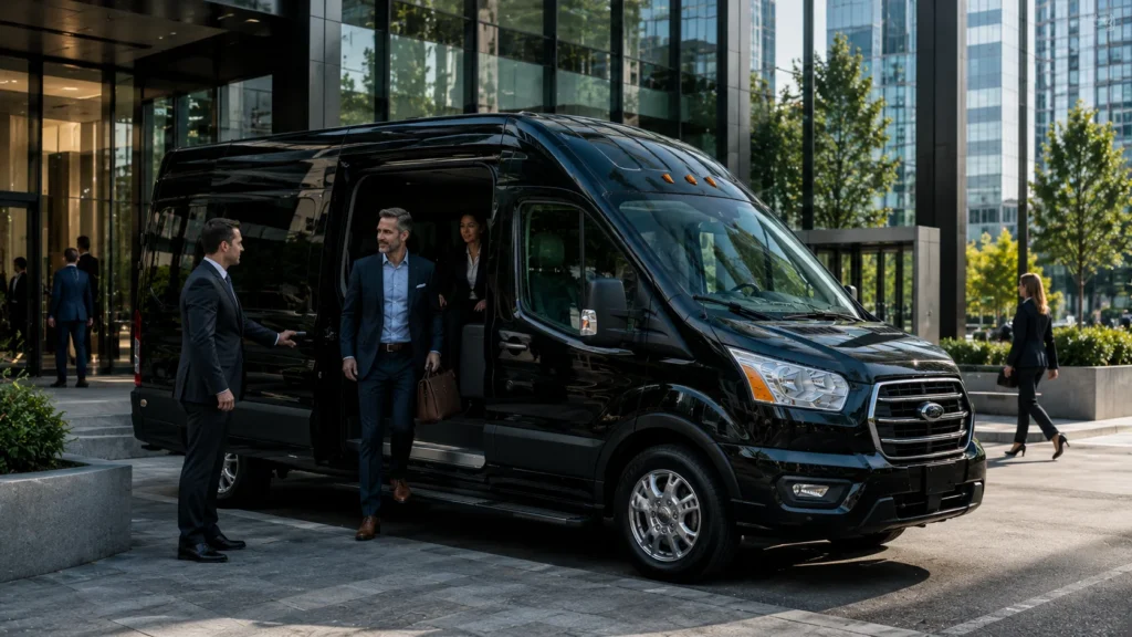 Executive shuttle service with professional chauffeur assisting corporate clients outside a business office.