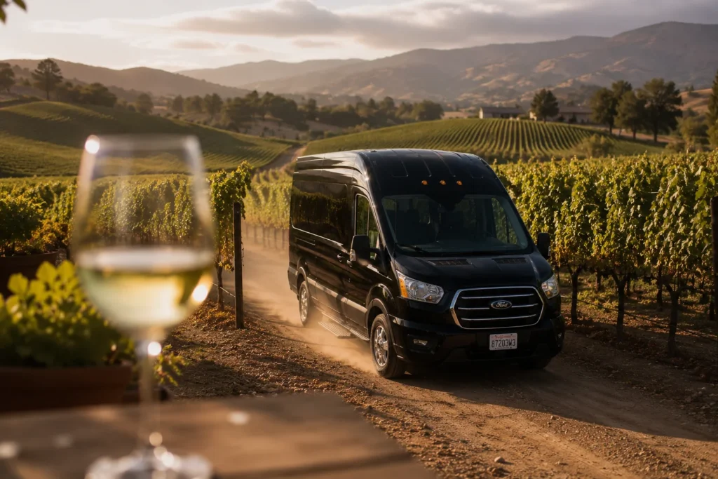 Black luxury shuttle van driving through Northern California vineyard rows for premium wine tour transportation experience