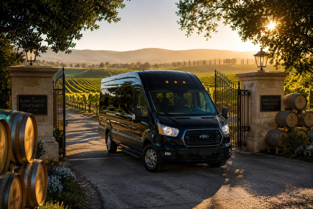 Black luxury shuttle van parked at Northern California vineyard entrance for premium wine tour transportation service