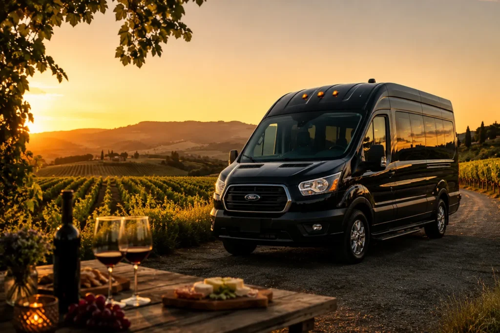 Black luxury shuttle van parked at Northern California vineyard for premium wine tour service