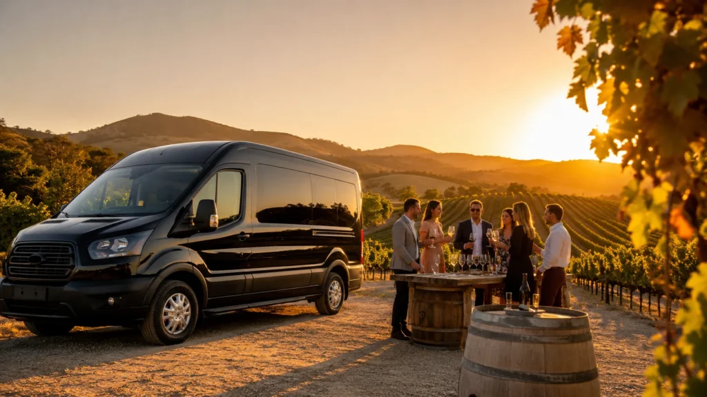 Luxury Ford Transit parked beside a Northern California vineyard during a private wine tasting experience.
