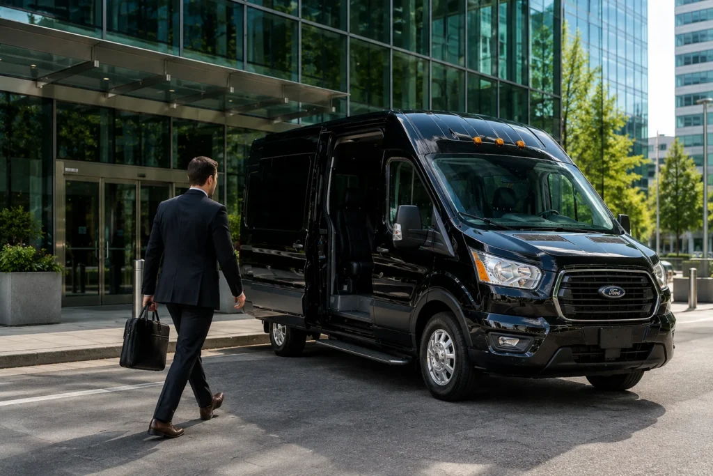Black shuttle van parked outside office building entrance for point-to-point business and medical appointment transportation