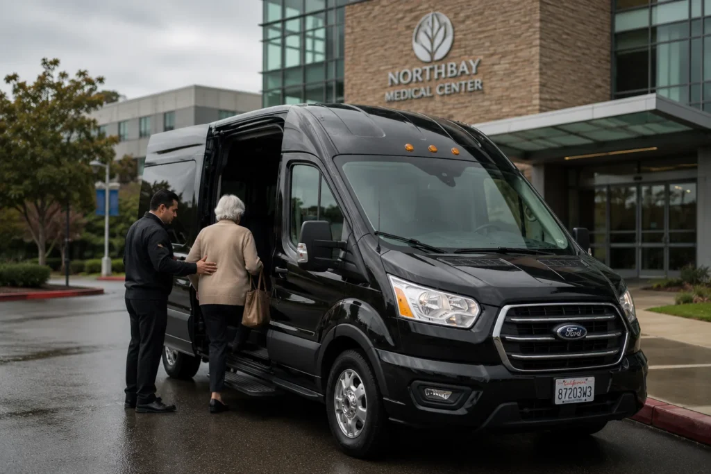 Driver assisting passenger into black shuttle van outside medical center for quiet point-to-point transportation service