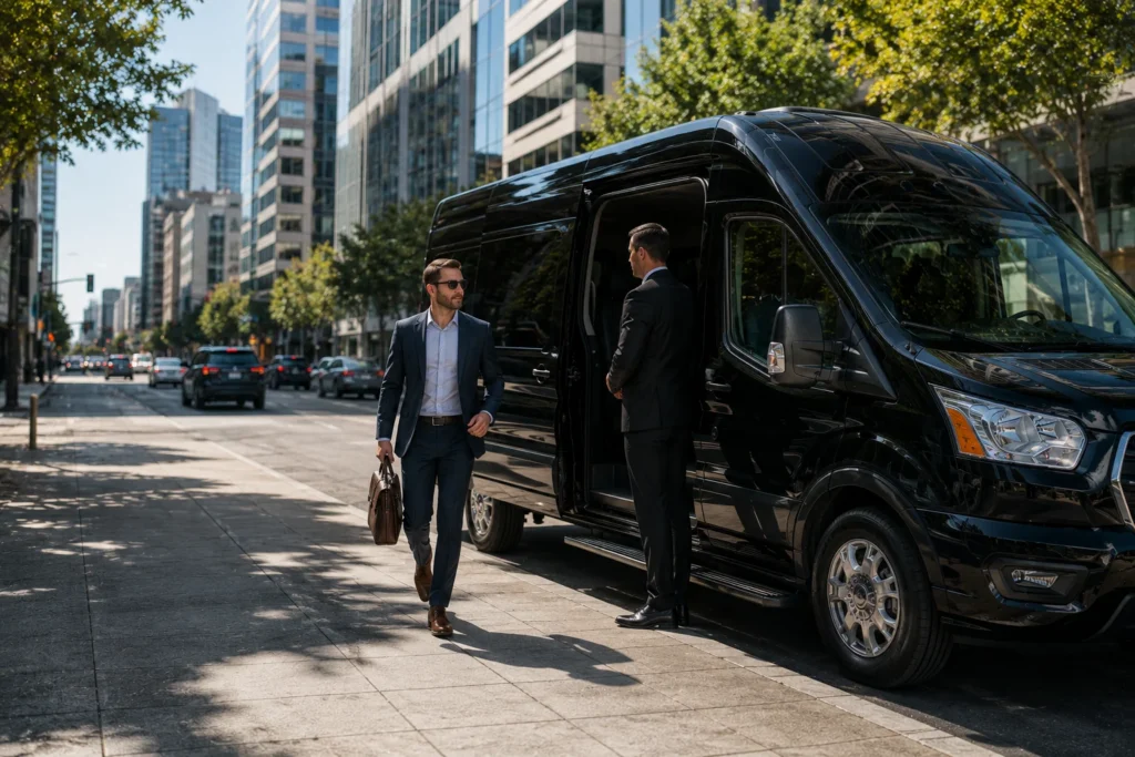 Professional point to point transportation with a luxury Ford Transit and business traveler at an office destination.