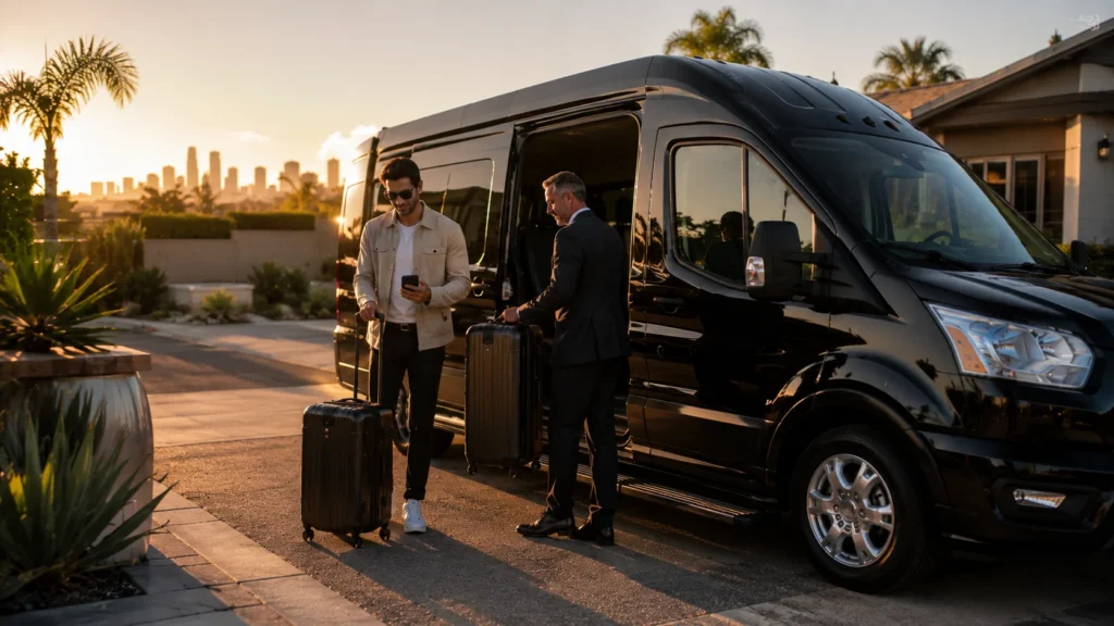 Professional chauffeur picking up a traveler from a Vallejo home for a stress free airport shuttle transfer with luxury Ford Transit van.