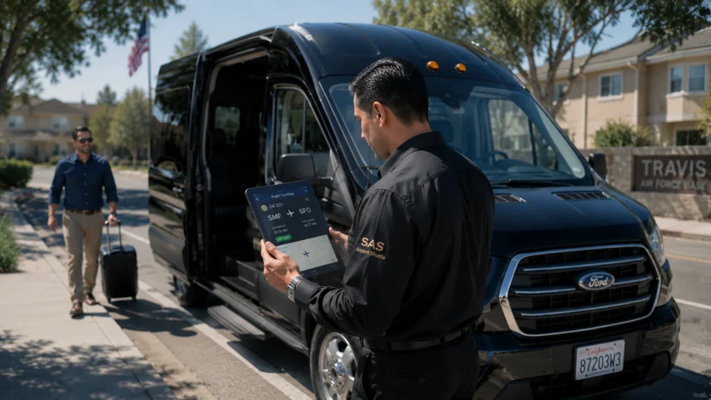 Professional driver checking flight tracking app beside shuttle van for Travis Air Force Base door-to-door airport transportation