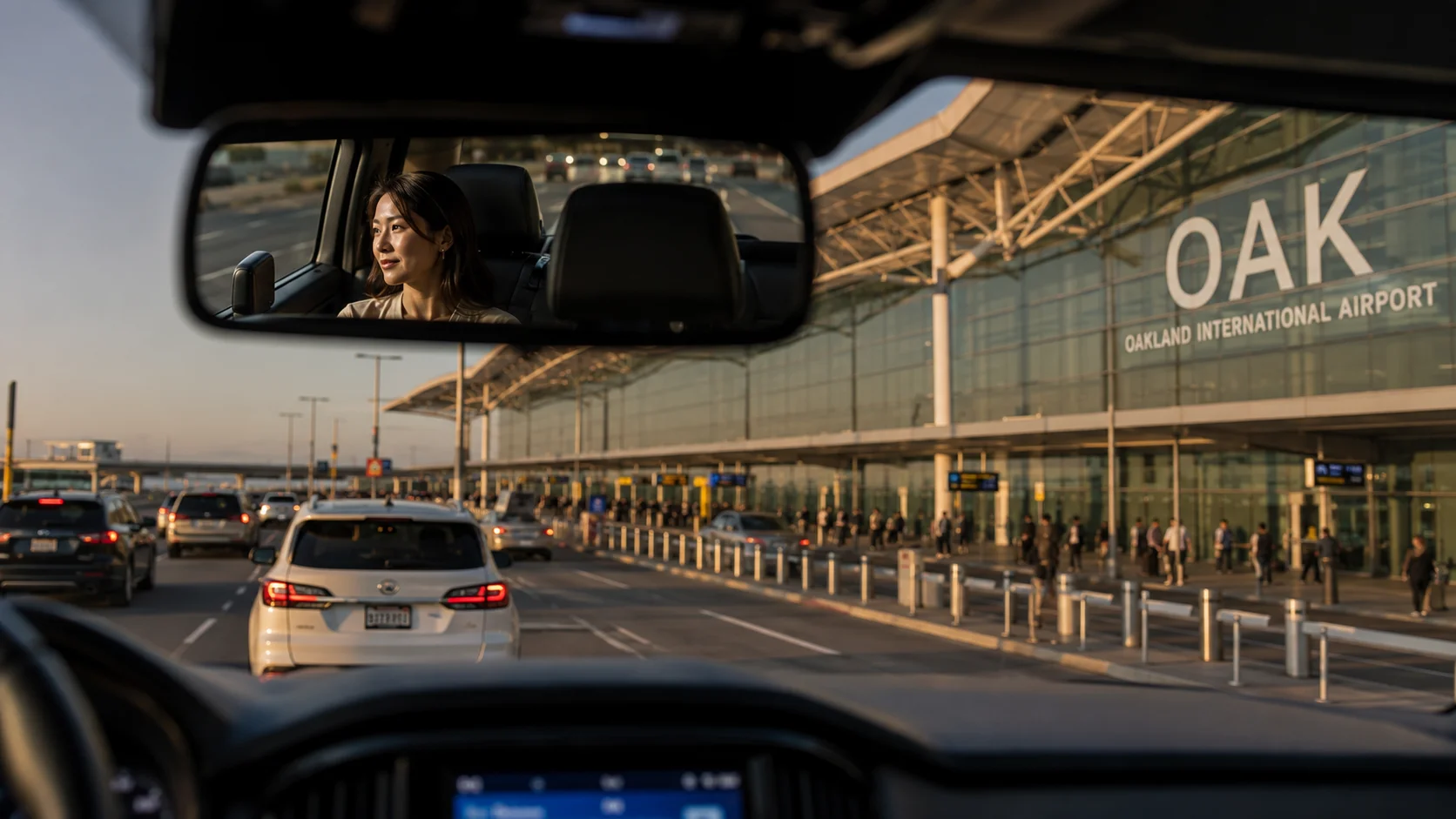 Travis Air Force Base to Oakland International Airport (OAK) Shuttle Transfer Rearview mirror view of calm passenger in black shuttle van approaching Oakland International Airport OAK for Travis AFB transfer