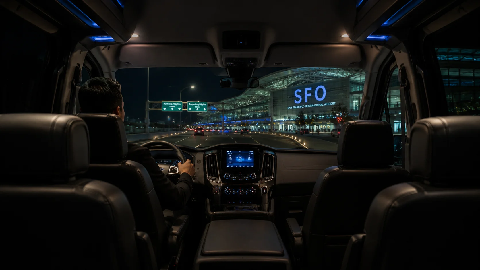 Travis Air Force Base to San Francisco International Airport (SFO) Shuttle Transfer Clean spacious shuttle van interior approaching San Francisco International Airport SFO terminal at night for Travis AFB transfer service