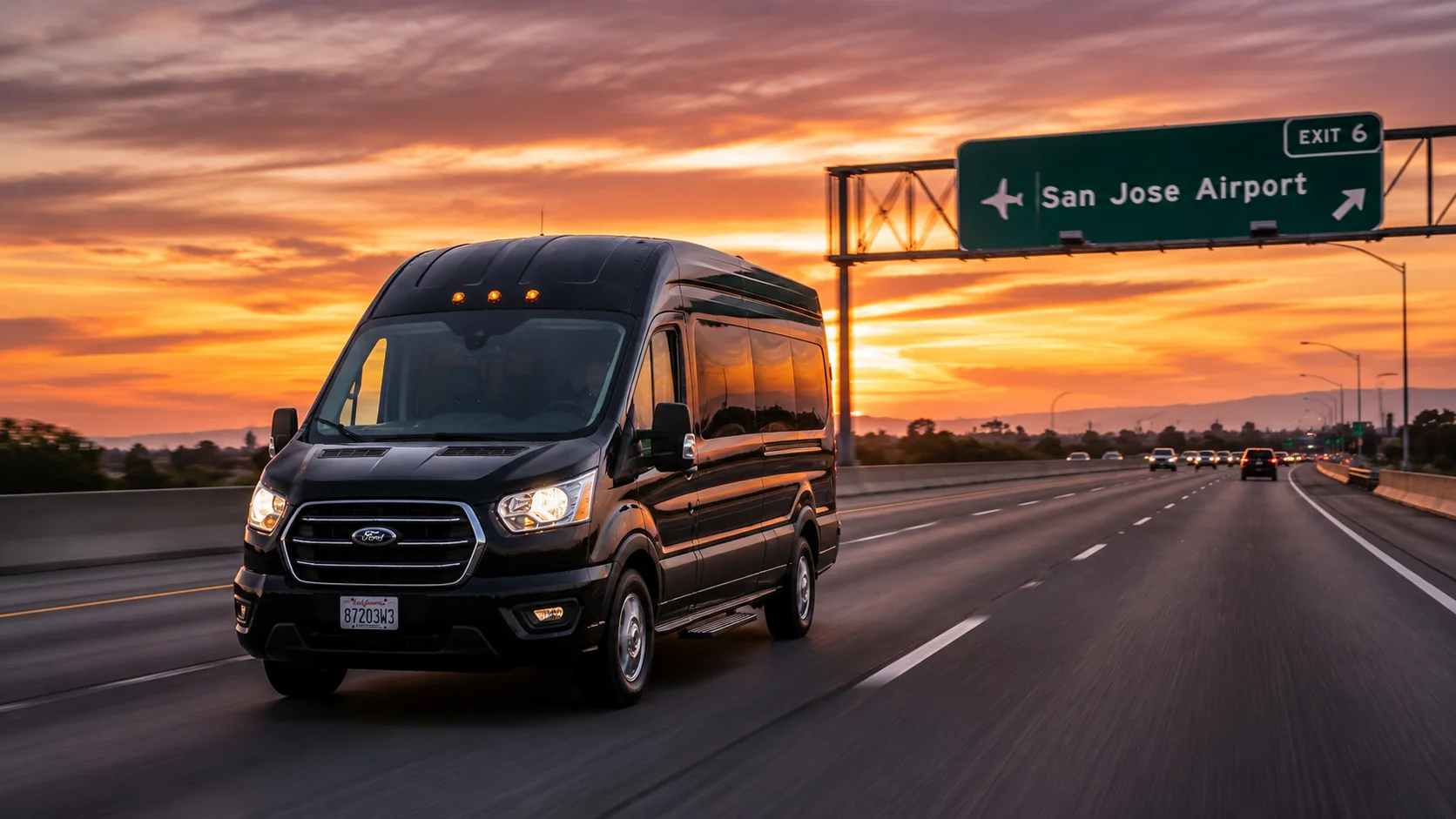 Black shuttle van driving highway with San Jose Airport exit sign at sunset for Travis AFB to SJC transfer service