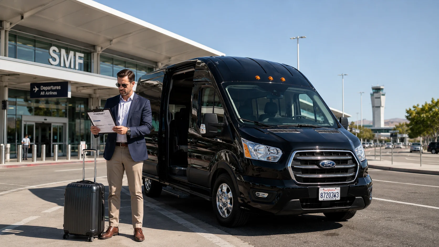 Traveler reviewing itinerary beside black shuttle van at Sacramento International Airport SMF terminal for Travis AFB transfer service