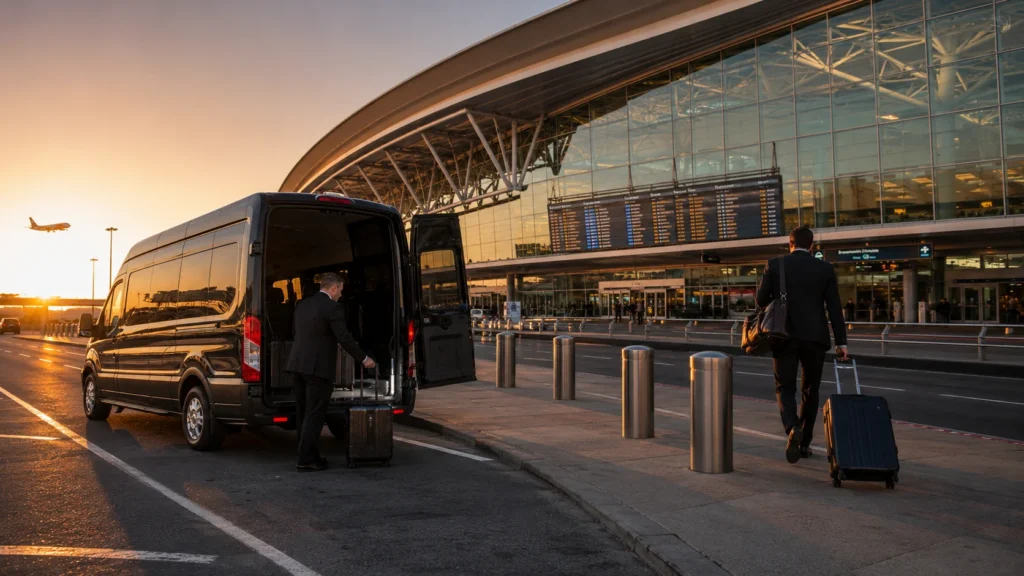 Luxury Ford Transit airport shuttle providing reliable transportation with professional chauffeur assistance.