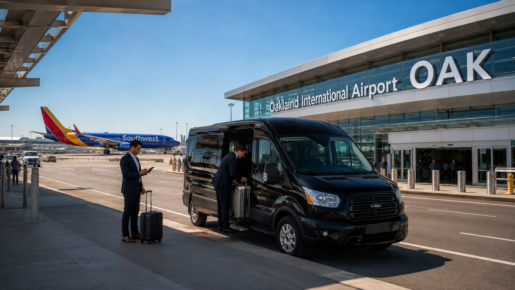 Luxury Ford Transit shuttle crossing the San Francisco Oakland Bay Bridge on the way to Oakland International Airport with a business traveler inside.