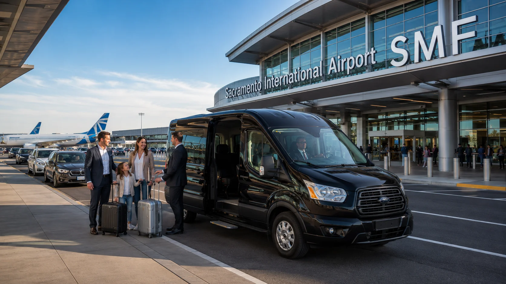 Luxury Ford Transit airport shuttle providing private transportation from Vallejo to Sacramento International Airport with professional chauffeur and luggage assistance.