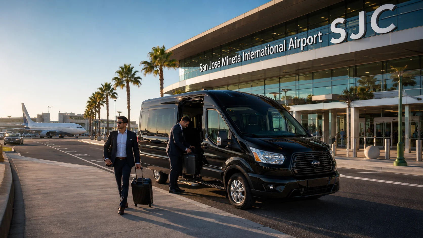 Luxury Ford Transit executive shuttle providing private transportation from Vallejo to San José Mineta International Airport for a business traveler.