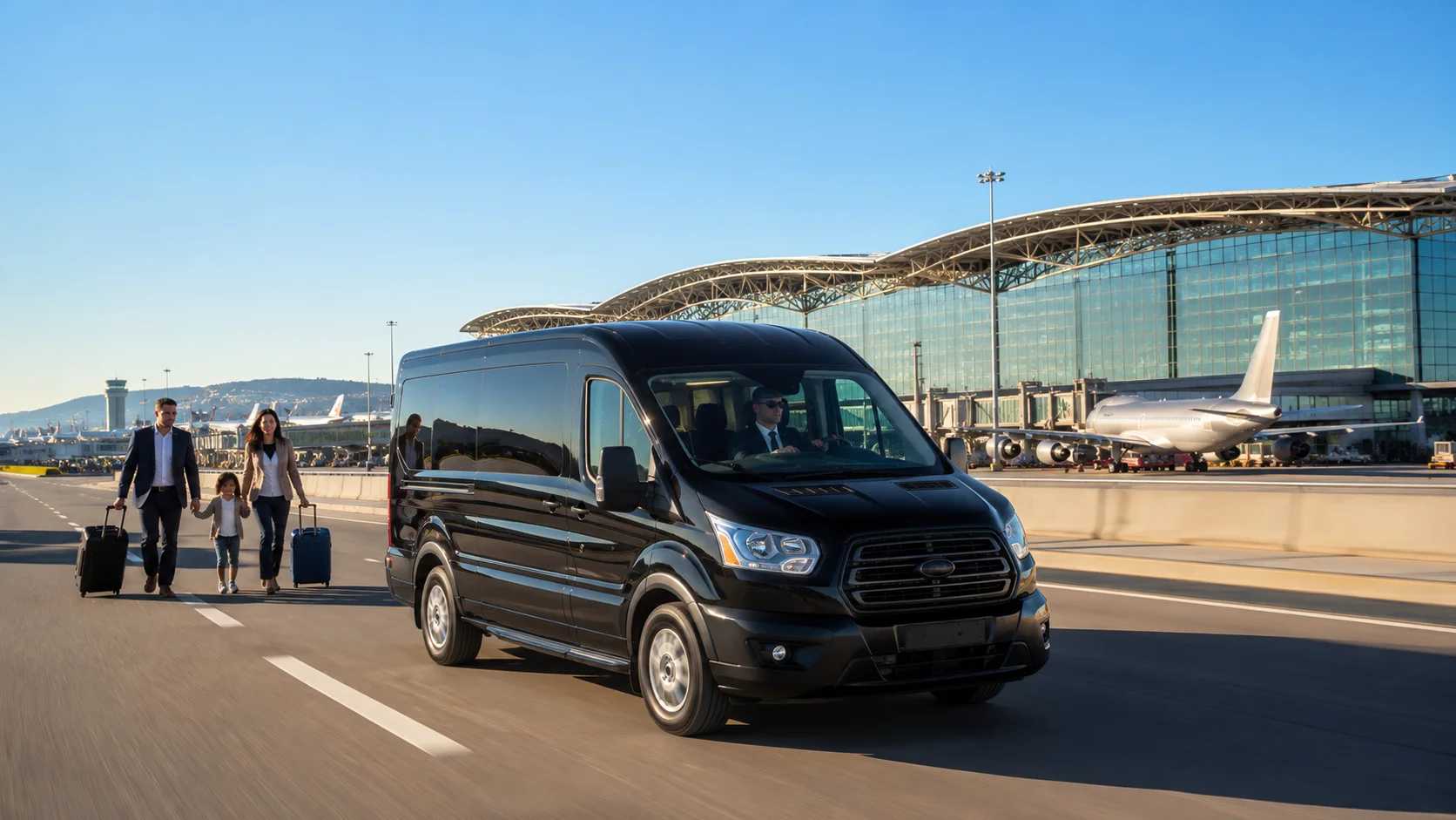 Vallejo to SFO Airport Shuttle Service Luxury Ford Transit airport shuttle providing private transportation from Vallejo to San Francisco International Airport with professional chauffeur and comfortable travel.